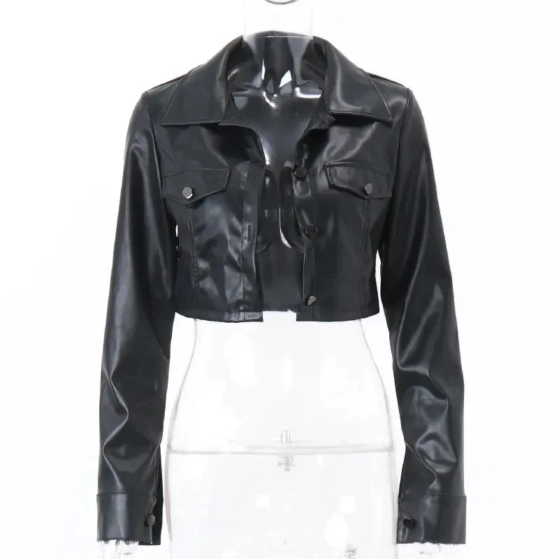 American Pu Leather Jacket Women Black Fashion Slim Cropped