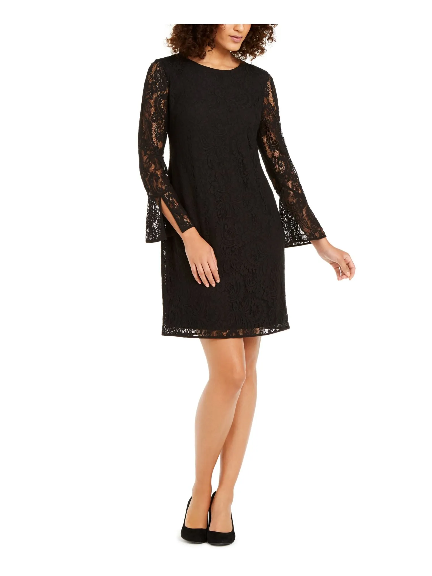 ANNE KLEIN Womens Black Lace Long Sleeve Jewel Neck Above The Knee Sheath Dress