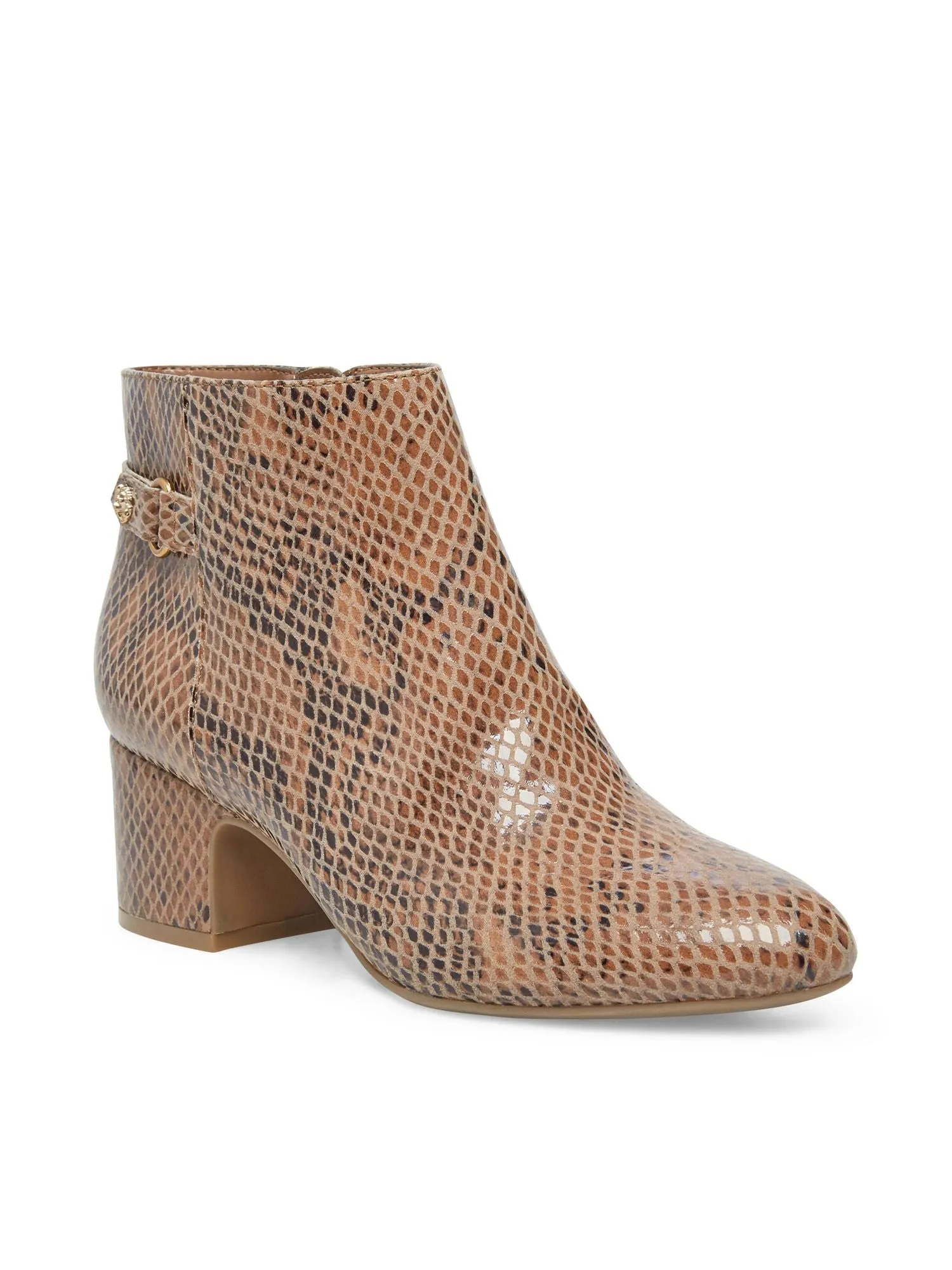 ANNE KLEIN Womens Brown Snake Print Strap Accent Cushioned Studded Hilda Almond Toe Block Heel Zip-Up Booties M