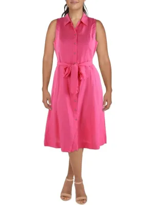 ANNE KLEIN Womens Pink Pocketed Self-tie Belt Sleeveless Point Collar Below The Knee Wear To Work Shirt Dress