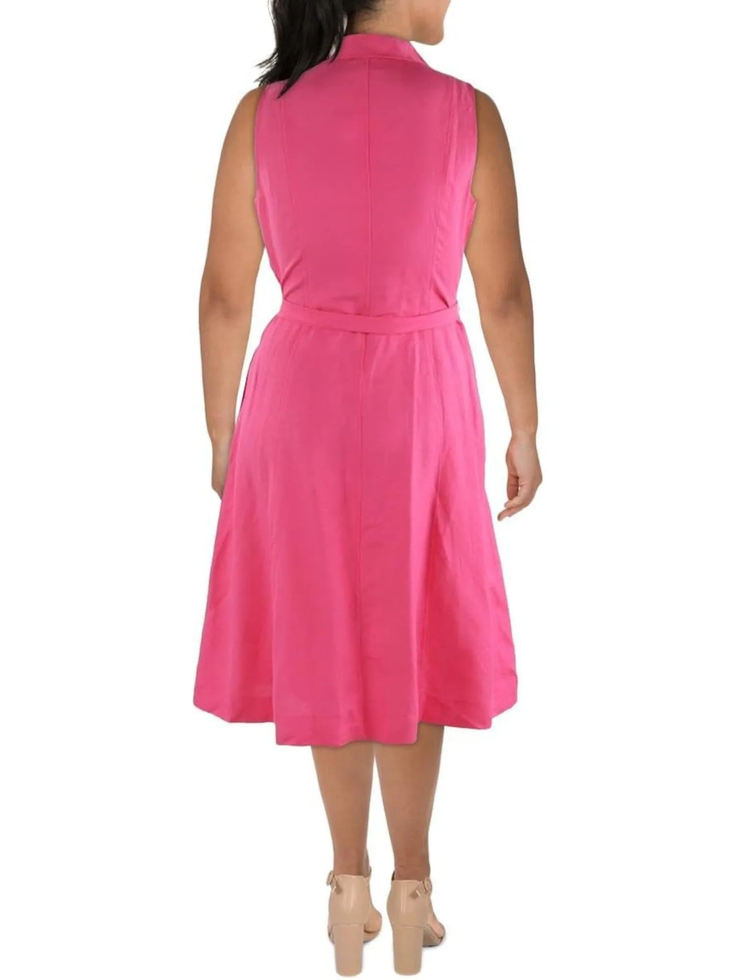 ANNE KLEIN Womens Pink Pocketed Self-tie Belt Sleeveless Point Collar Below The Knee Wear To Work Shirt Dress