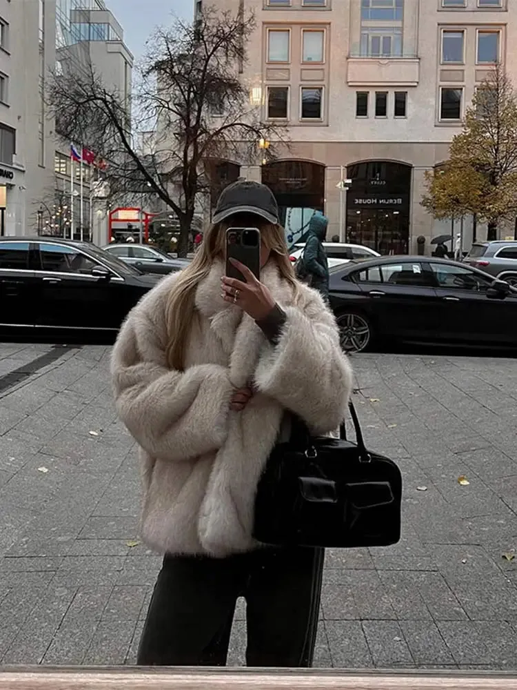 Back To School Joskaa Women Autumn Winter Solid Fluffy Faux Fur Thick Coat Elegant Lapel Long Sleeves Short Overcoats 2024 New Warm Street Outerwear