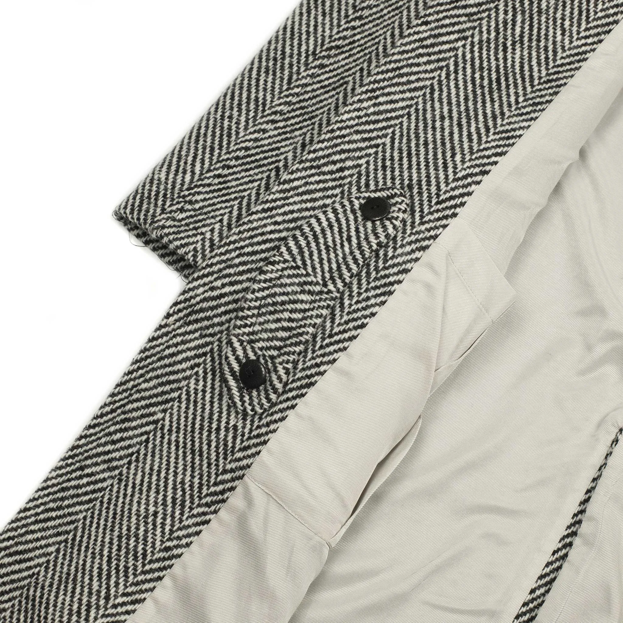 Balmacaan coat in black and white herringbone wool tweed