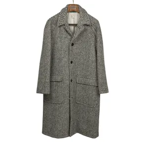 Balmacaan coat in black and white herringbone wool tweed