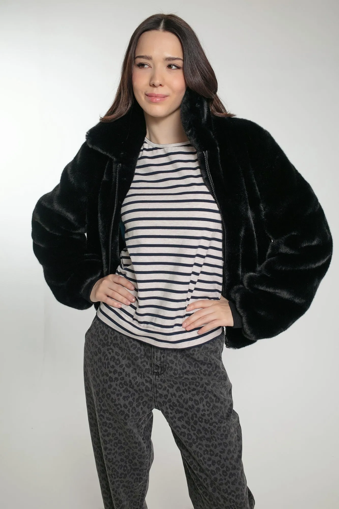 BEATRIX FAUX FUR BOMBER IN BLACK