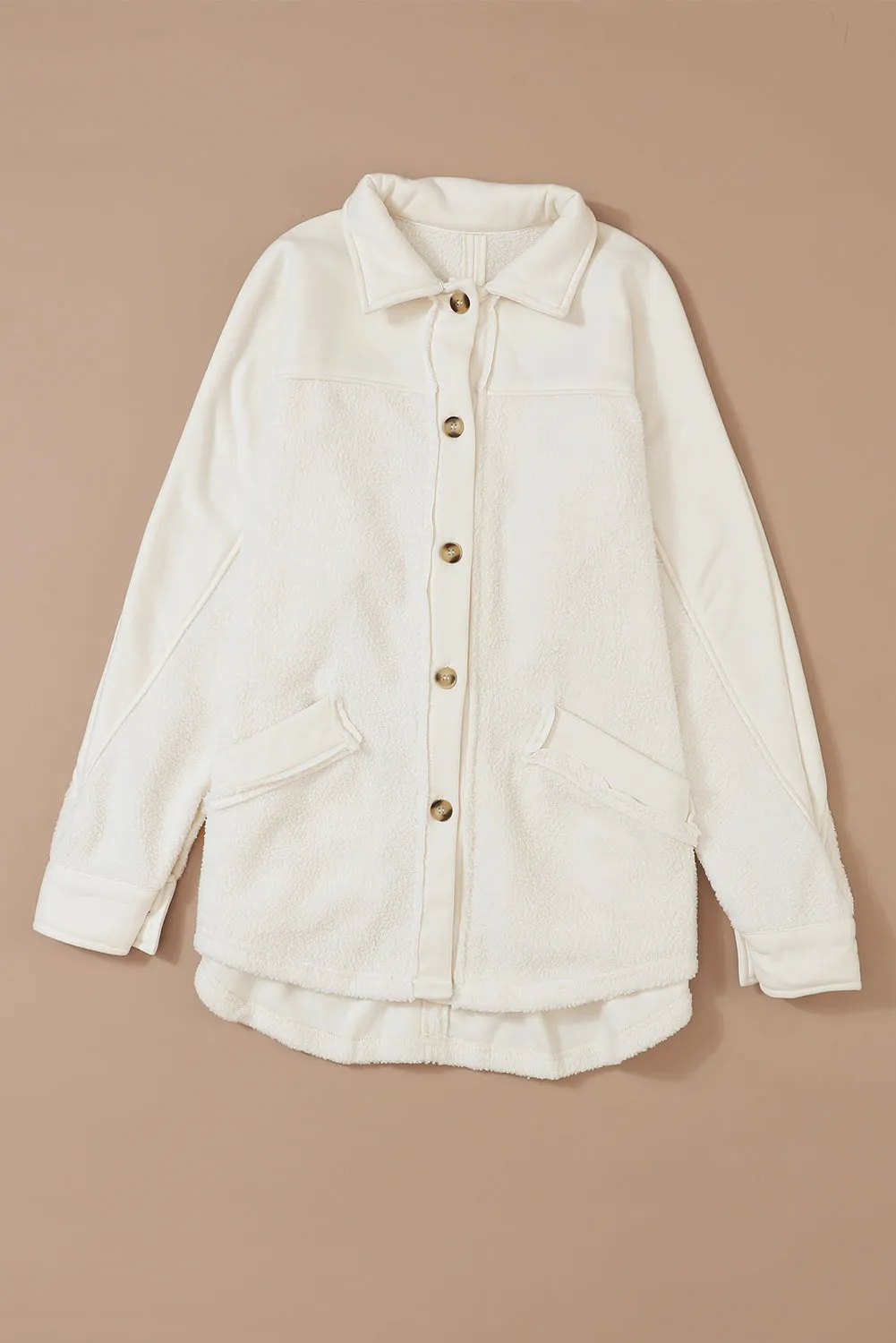 Beige Button-Up Stitching Pocket Raw Hem Shacket