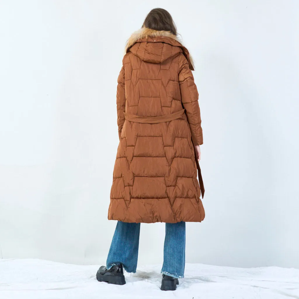 Belted long puffer coat with fur hood wholesale