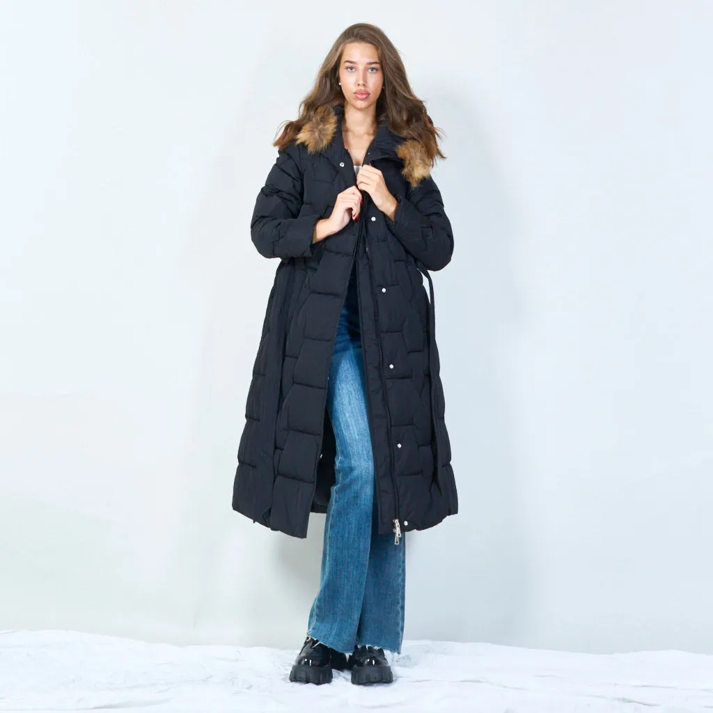 Belted long puffer coat with fur hood wholesale