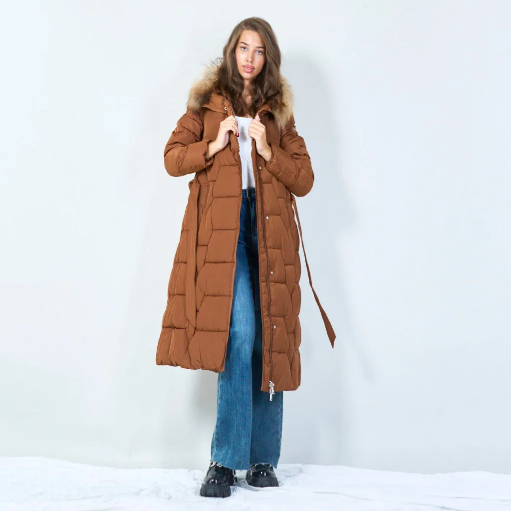 Belted long puffer coat with fur hood wholesale