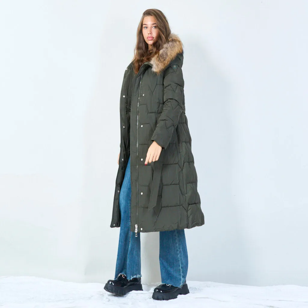 Belted long puffer coat with fur hood wholesale