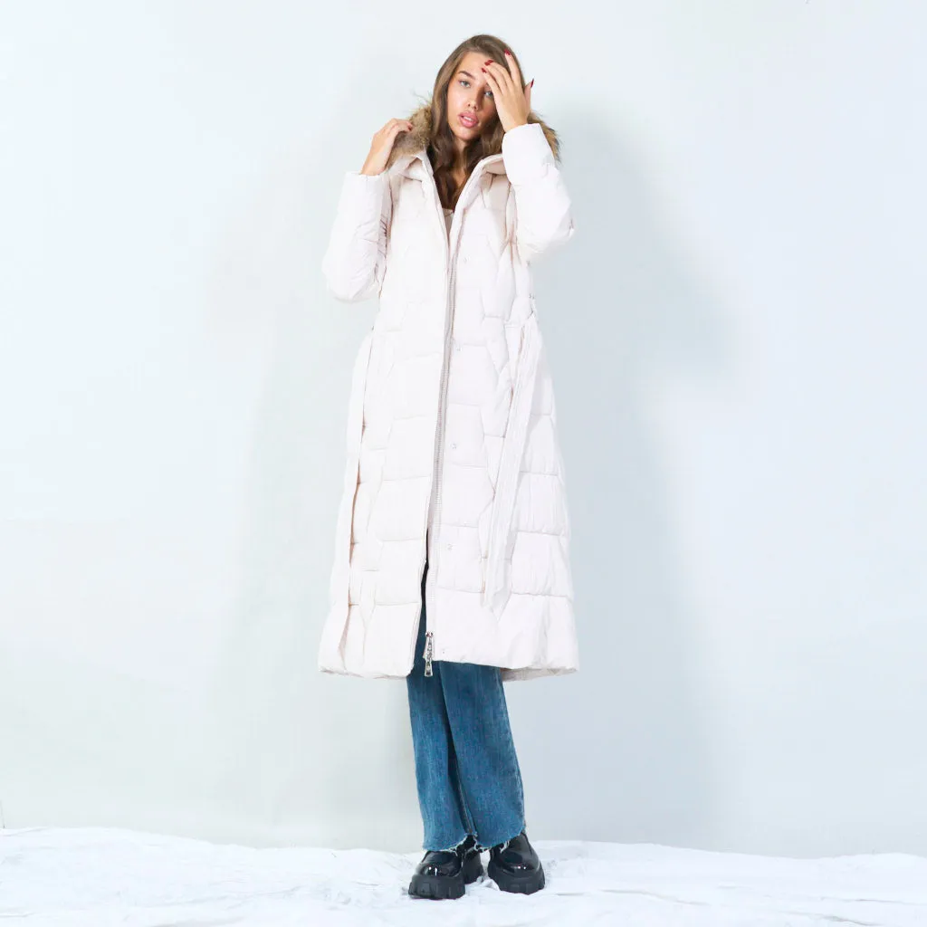 Belted long puffer coat with fur hood wholesale