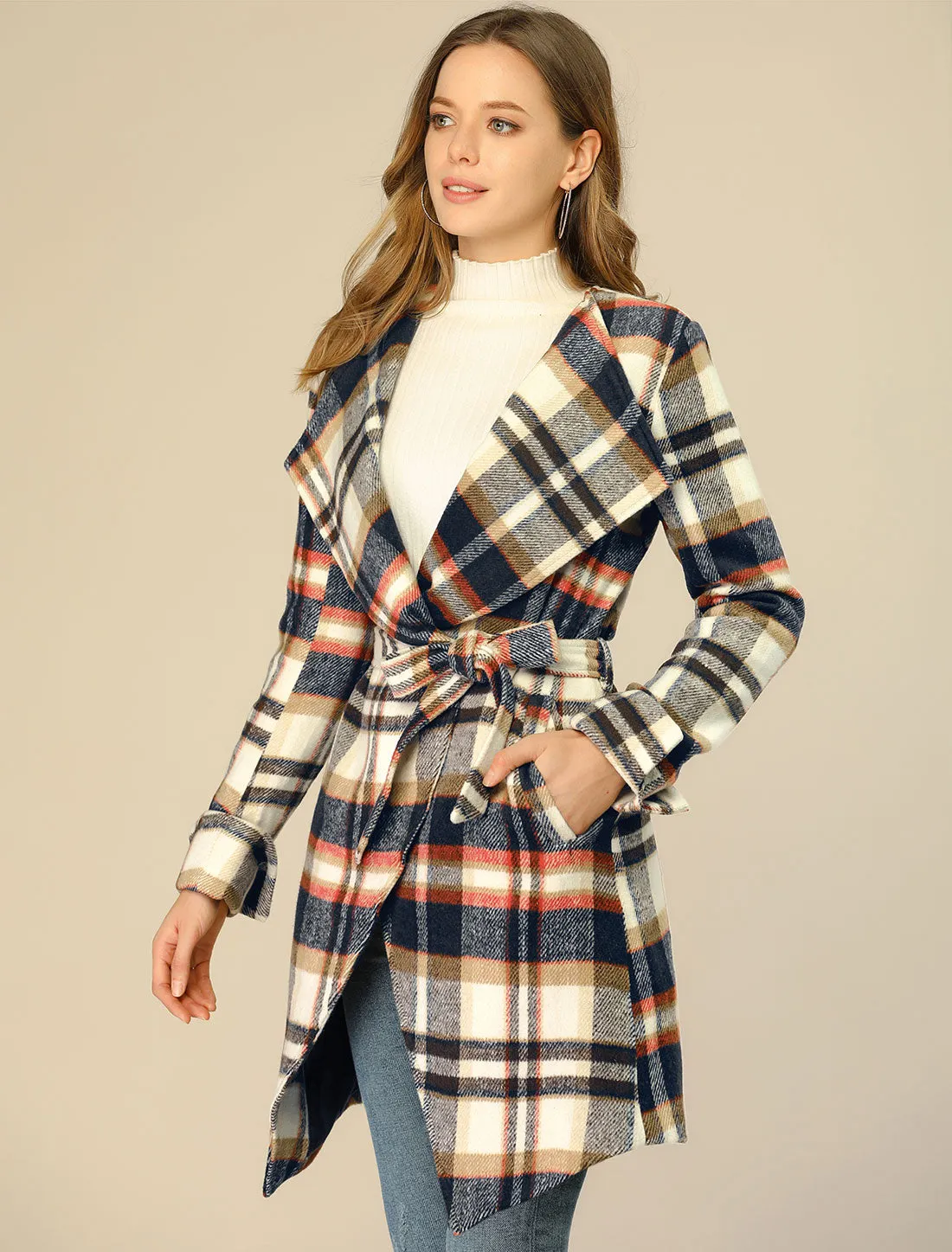 Belted Wrap Outerwear Shawl Collar Asymmetric Hem Plaid Coat