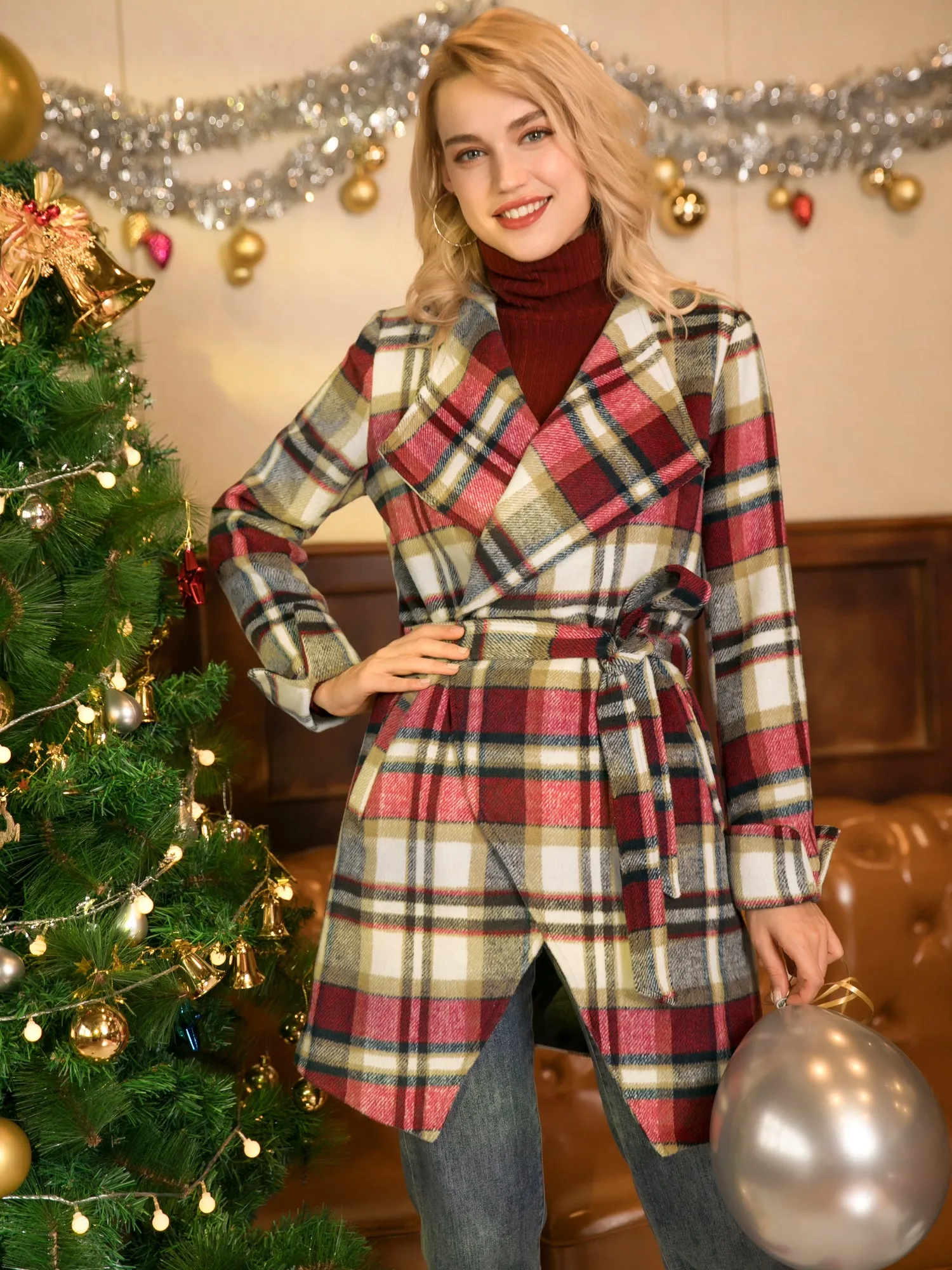 Belted Wrap Outerwear Shawl Collar Asymmetric Hem Plaid Coat