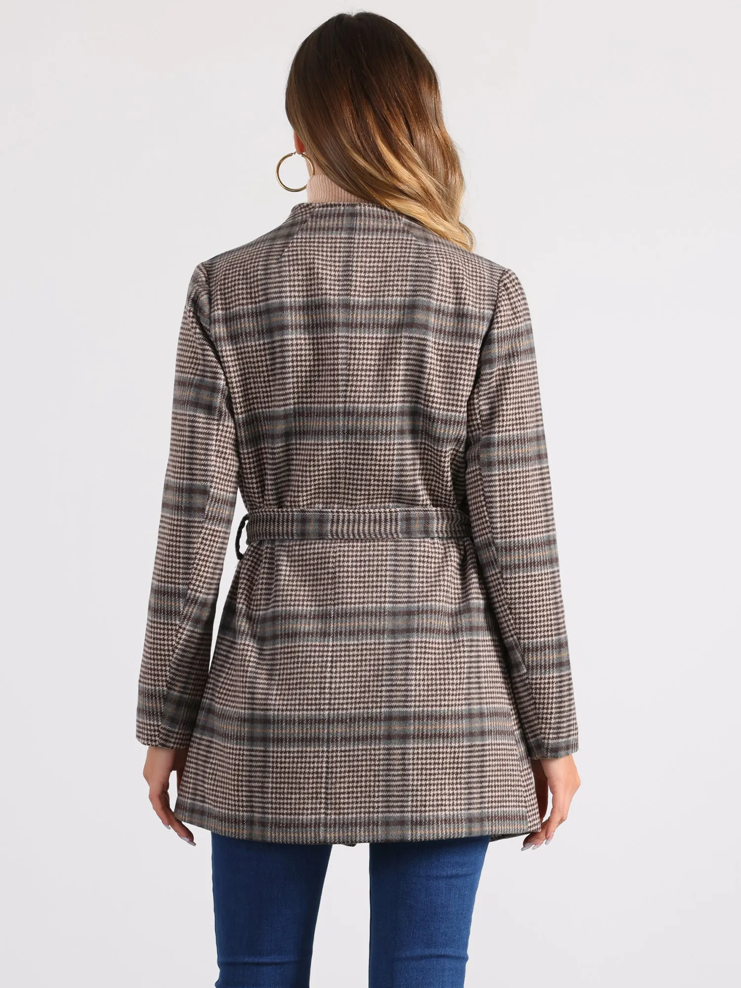 Belted Wrap Outerwear Shawl Collar Asymmetric Hem Plaid Coat