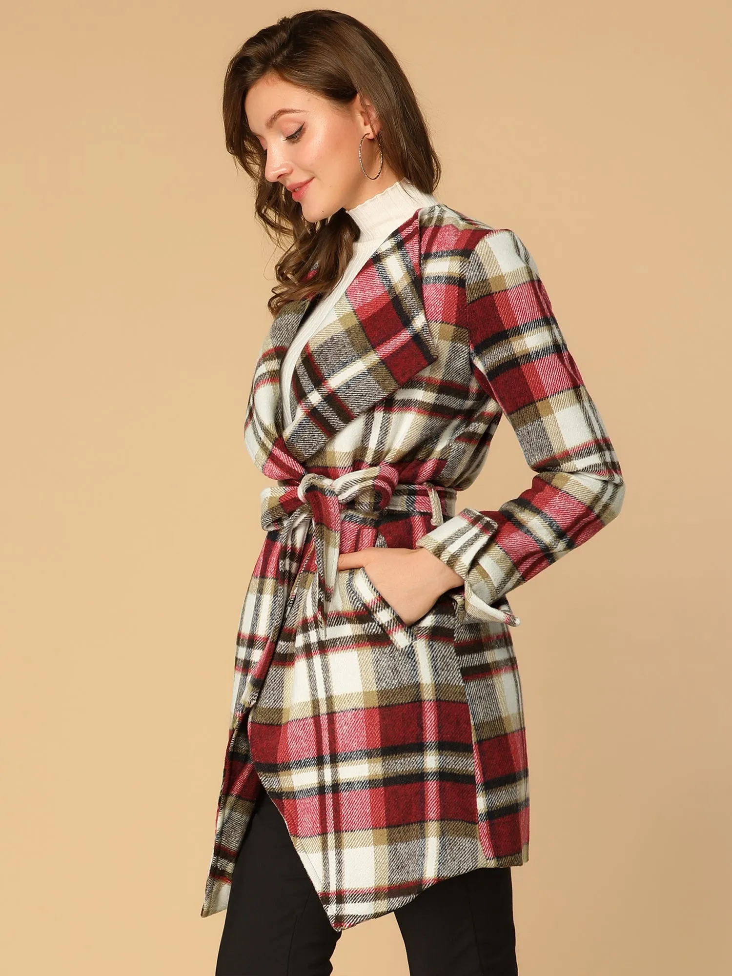 Belted Wrap Outerwear Shawl Collar Asymmetric Hem Plaid Coat