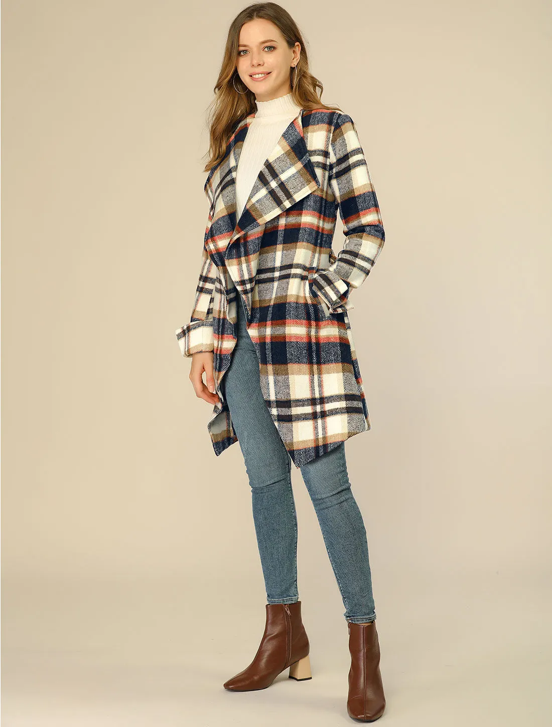 Belted Wrap Outerwear Shawl Collar Asymmetric Hem Plaid Coat