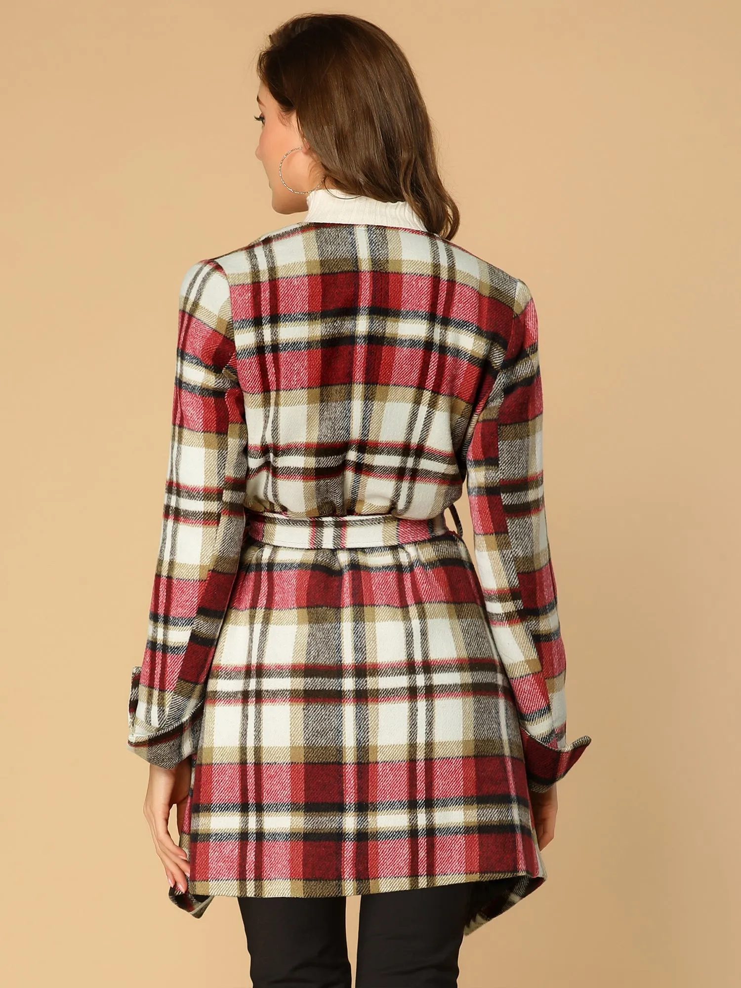 Belted Wrap Outerwear Shawl Collar Asymmetric Hem Plaid Coat