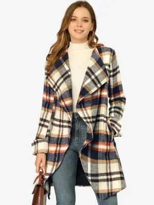 Belted Wrap Outerwear Shawl Collar Asymmetric Hem Plaid Coat