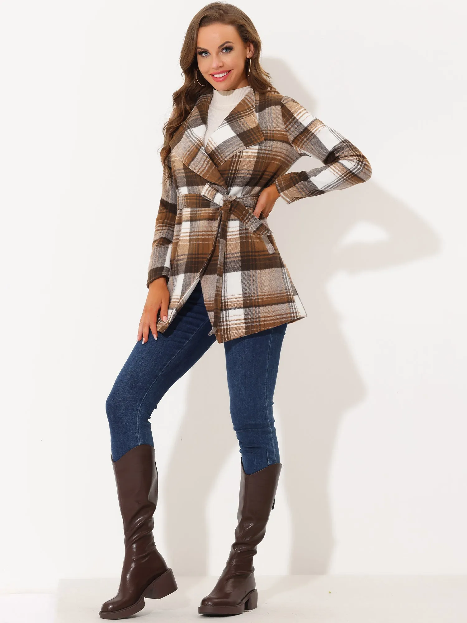 Belted Wrap Outerwear Shawl Collar Asymmetric Hem Plaid Coat