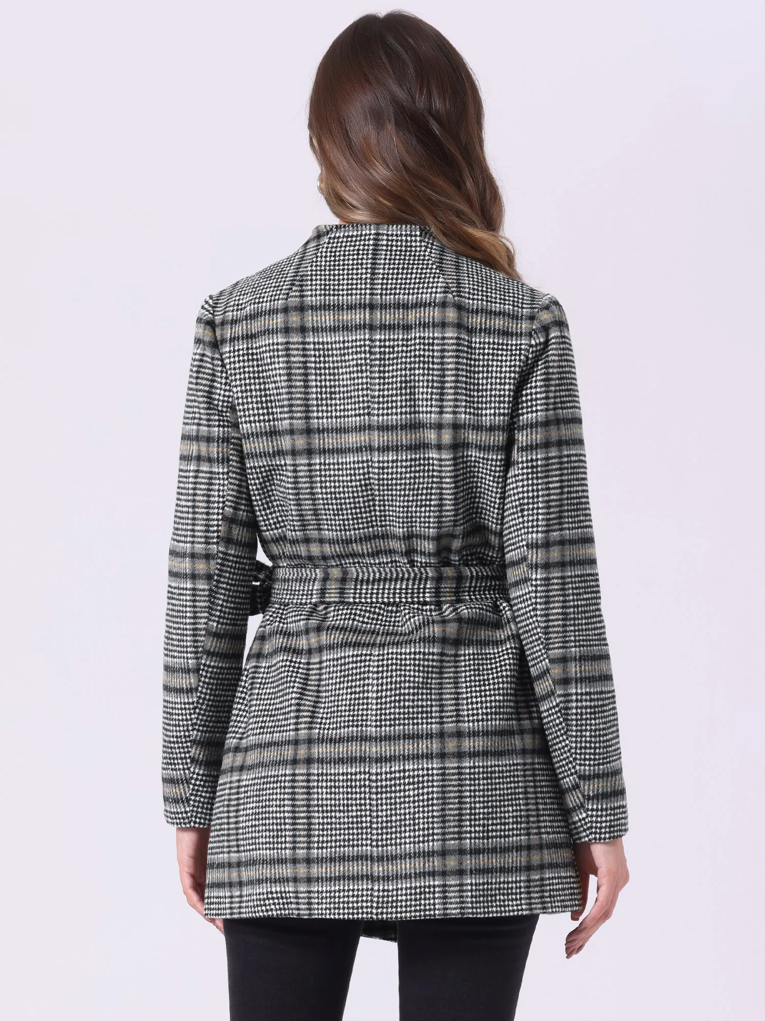 Belted Wrap Outerwear Shawl Collar Asymmetric Hem Plaid Coat