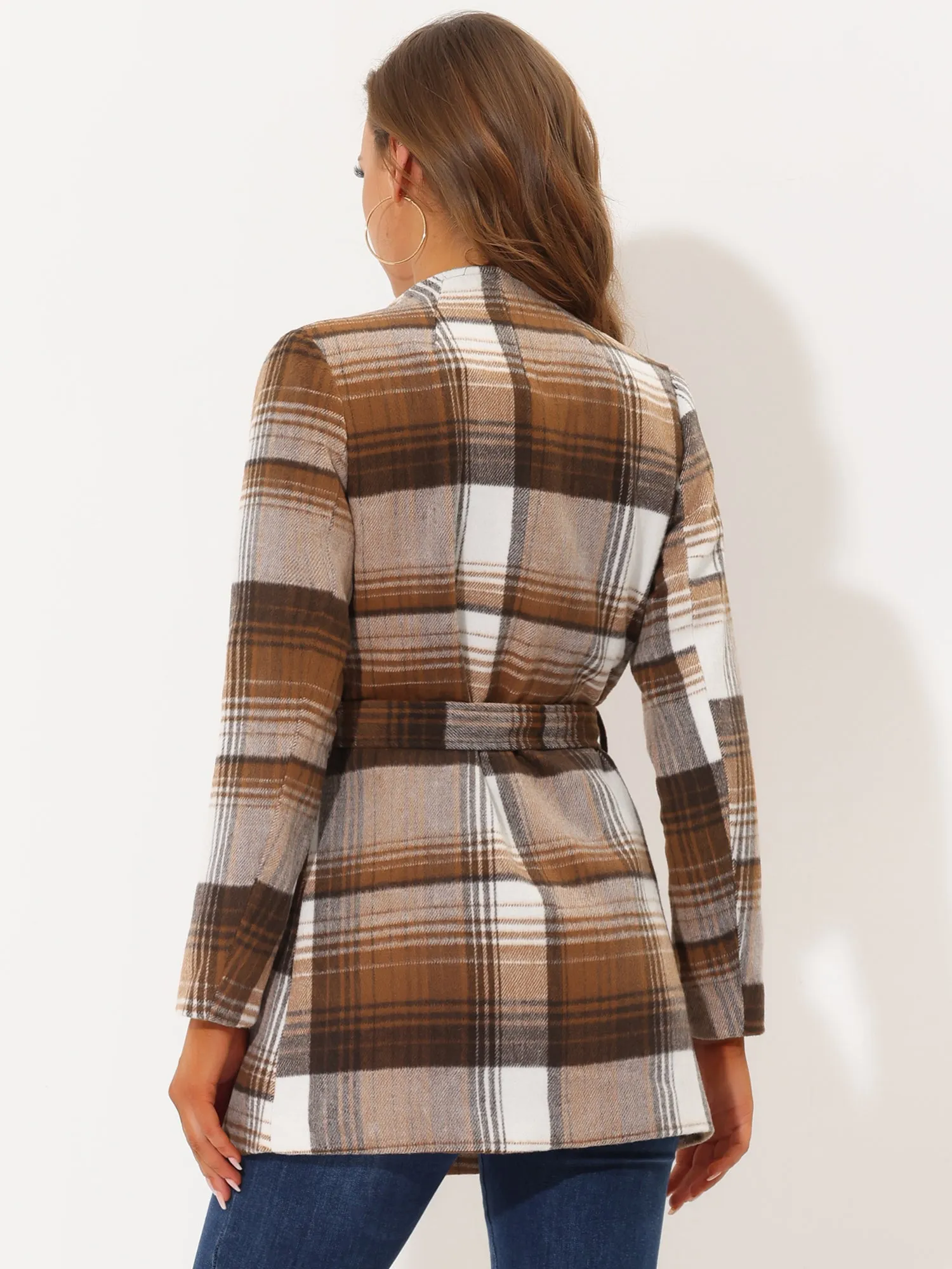 Belted Wrap Outerwear Shawl Collar Asymmetric Hem Plaid Coat