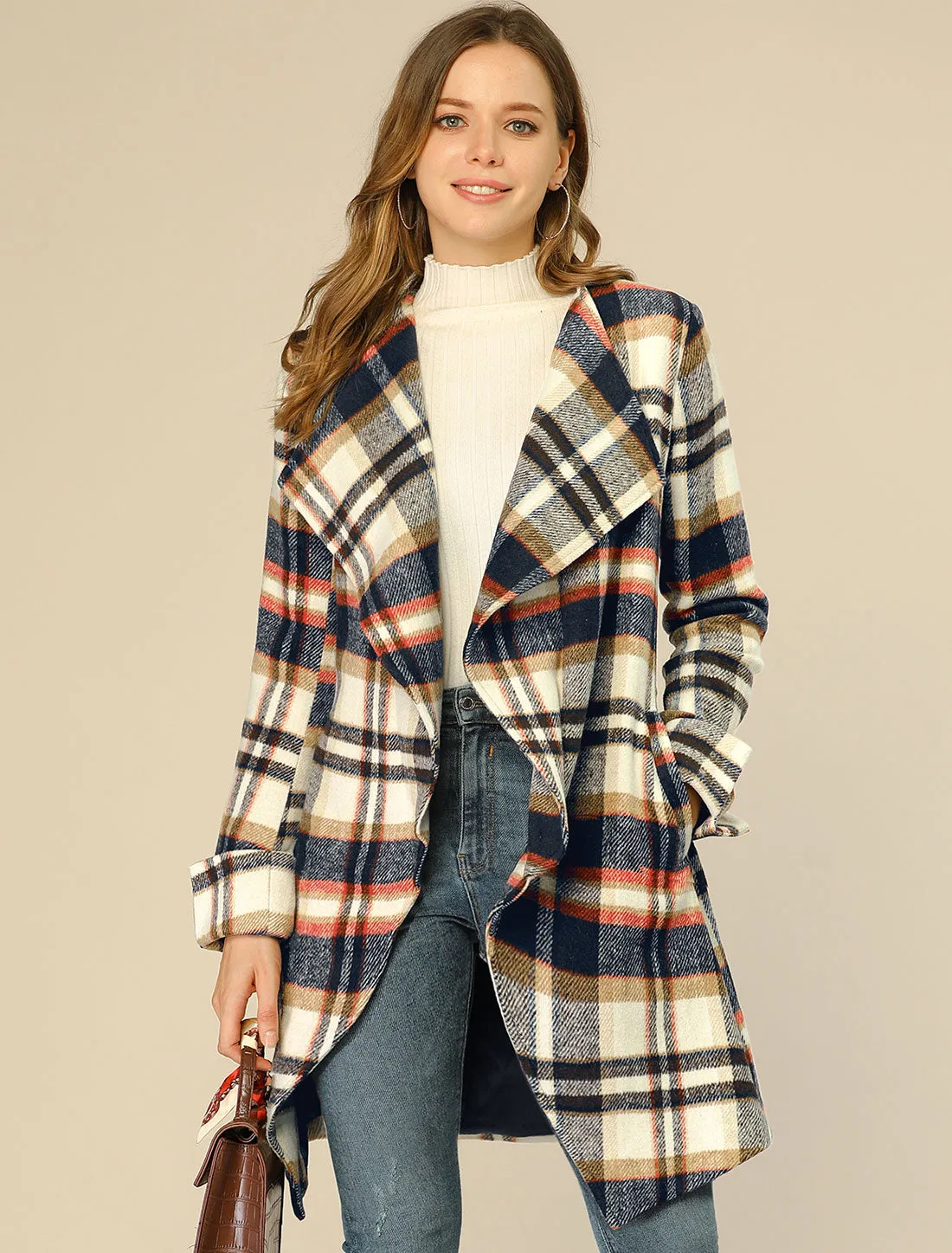 Belted Wrap Outerwear Shawl Collar Asymmetric Hem Plaid Coat