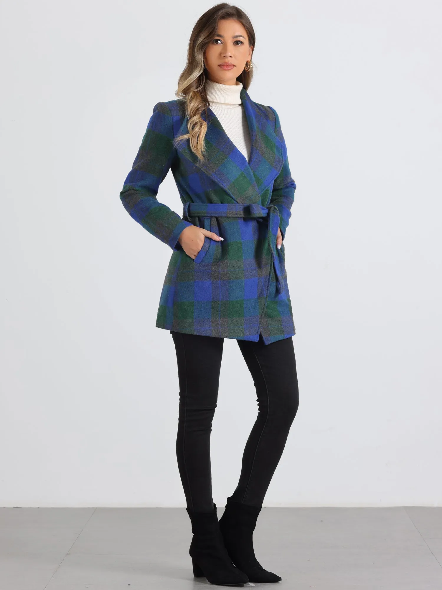 Belted Wrap Outerwear Shawl Collar Asymmetric Hem Plaid Coat