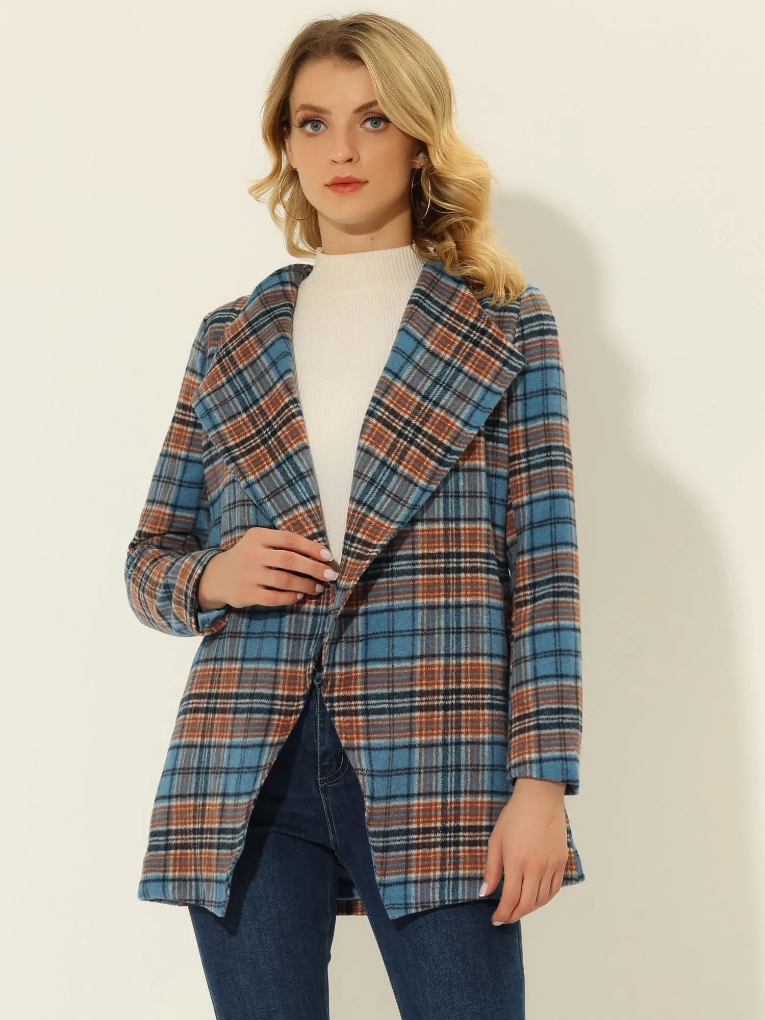 Belted Wrap Outerwear Shawl Collar Asymmetric Hem Plaid Coat