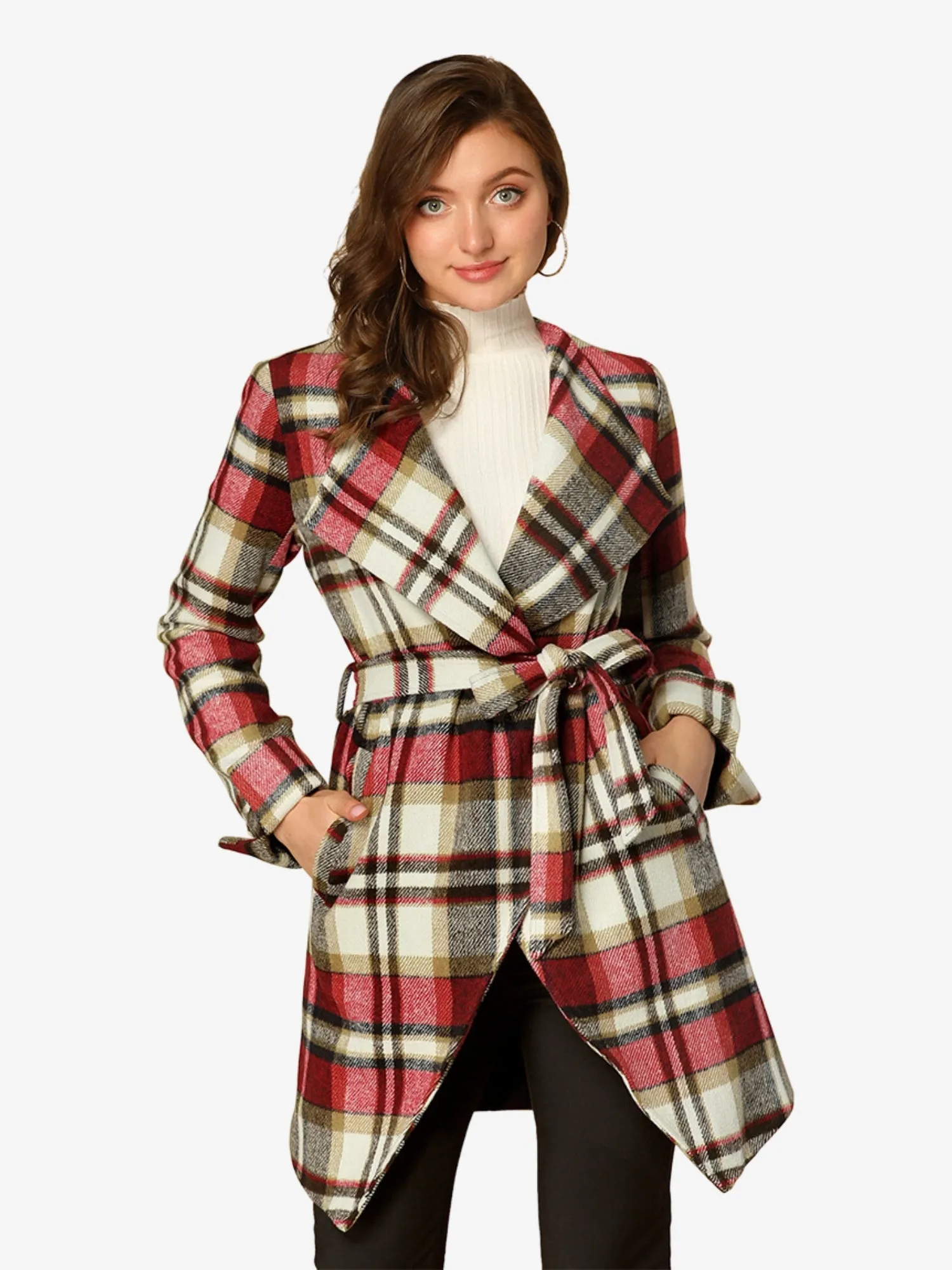 Belted Wrap Outerwear Shawl Collar Asymmetric Hem Plaid Coat