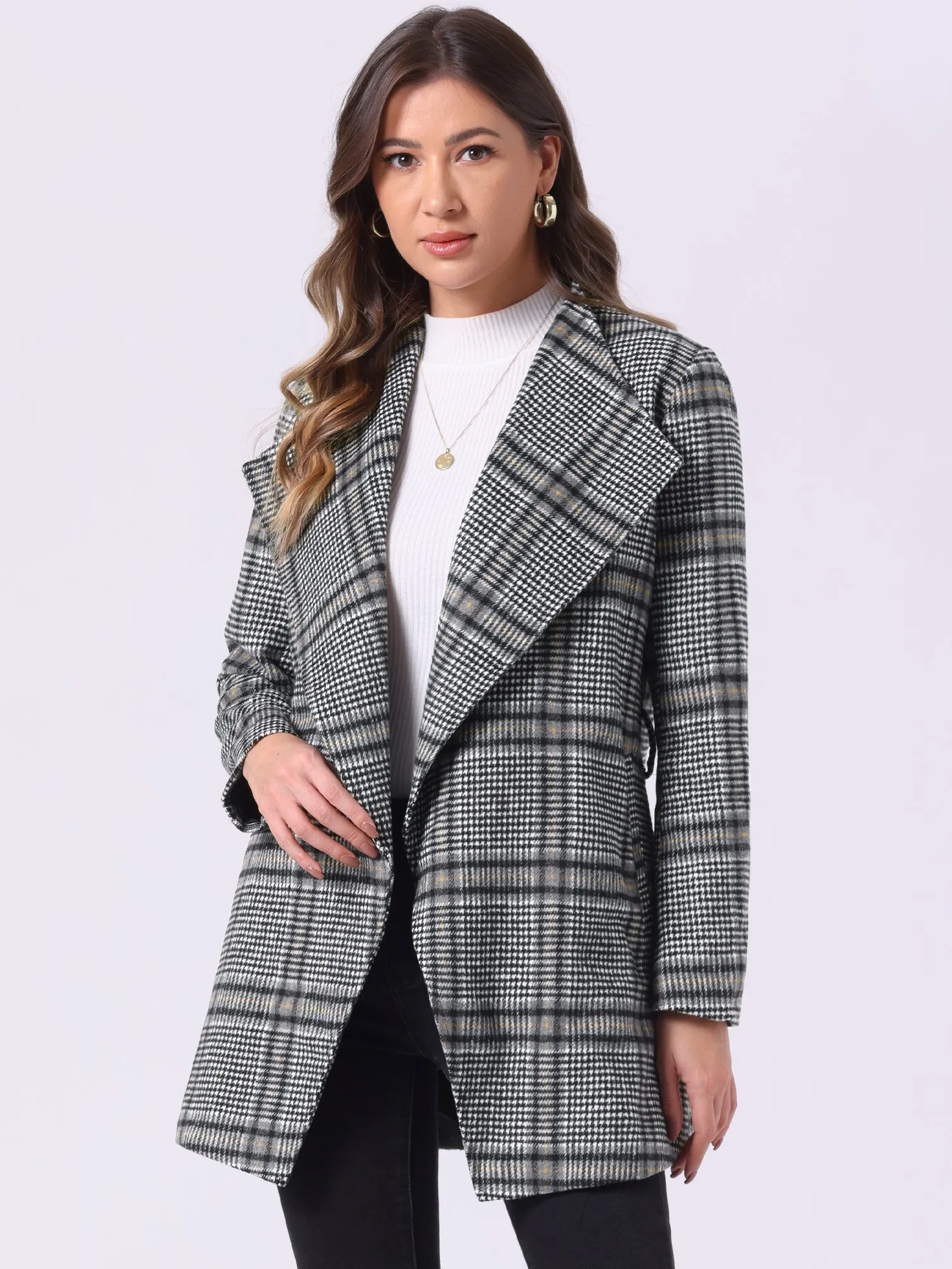 Belted Wrap Outerwear Shawl Collar Asymmetric Hem Plaid Coat