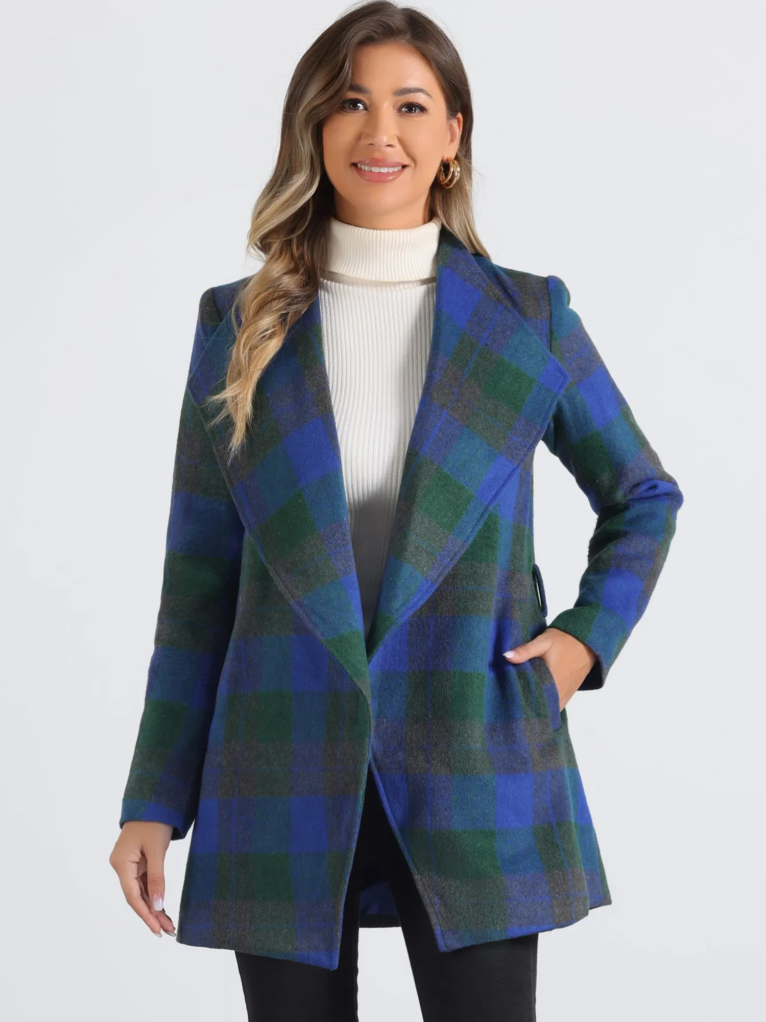 Belted Wrap Outerwear Shawl Collar Asymmetric Hem Plaid Coat