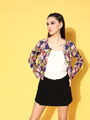 Berrylush Women Multicolour Floral Printed Collarless Open-Front Straight Hem Crop Jacket