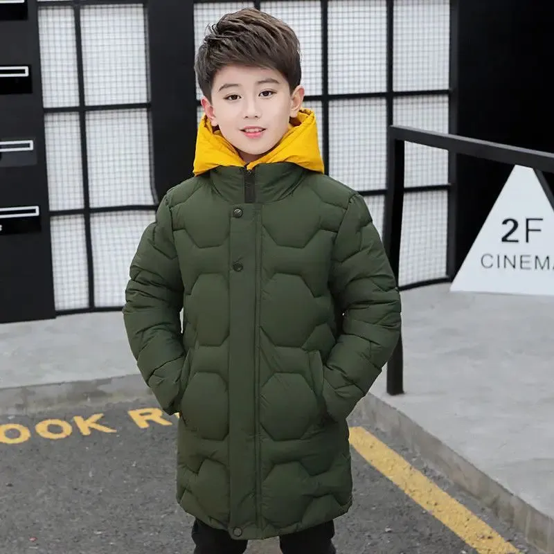 Big Boys Jacket Fall Winter Thicken Warm Teenager Kids Jackets Fashion Long Style Zipper Hooded Boys Coat 4 6 8 10 12 14 Years