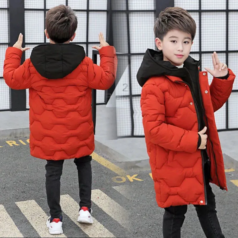 Big Boys Jacket Fall Winter Thicken Warm Teenager Kids Jackets Fashion Long Style Zipper Hooded Boys Coat 4 6 8 10 12 14 Years