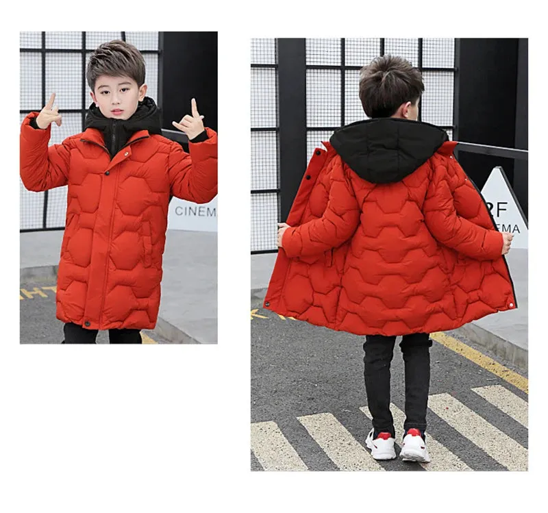 Big Boys Jacket Fall Winter Thicken Warm Teenager Kids Jackets Fashion Long Style Zipper Hooded Boys Coat 4 6 8 10 12 14 Years