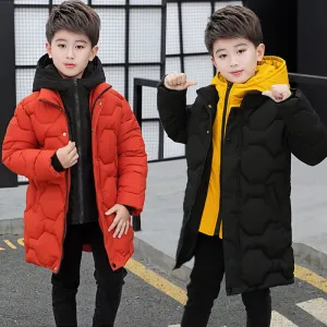 Big Boys Jacket Fall Winter Thicken Warm Teenager Kids Jackets Fashion Long Style Zipper Hooded Boys Coat 4 6 8 10 12 14 Years