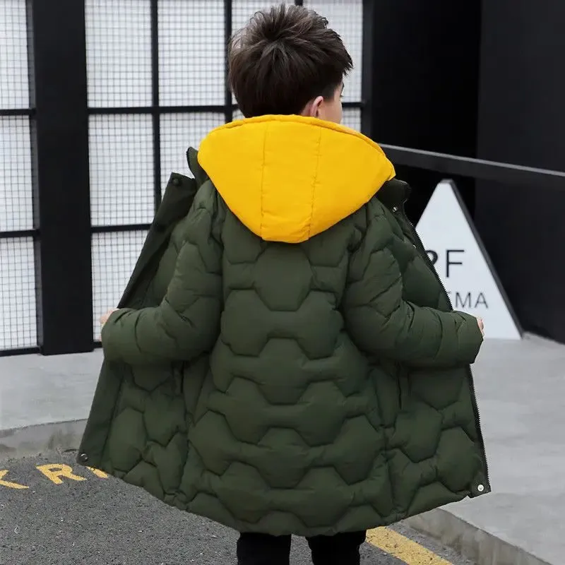 Big Boys Jacket Fall Winter Thicken Warm Teenager Kids Jackets Fashion Long Style Zipper Hooded Boys Coat 4 6 8 10 12 14 Years