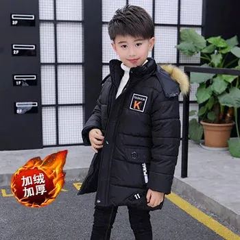 Big Boys Jacket Fall Winter Thicken Warm Teenager Kids Jackets Fashion Long Style Zipper Hooded Boys Coat 4 6 8 10 12 14 Years