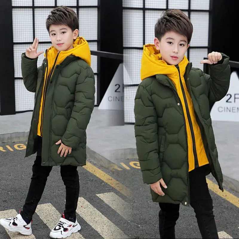 Big Boys Jacket Fall Winter Thicken Warm Teenager Kids Jackets Fashion Long Style Zipper Hooded Boys Coat 4 6 8 10 12 14 Years