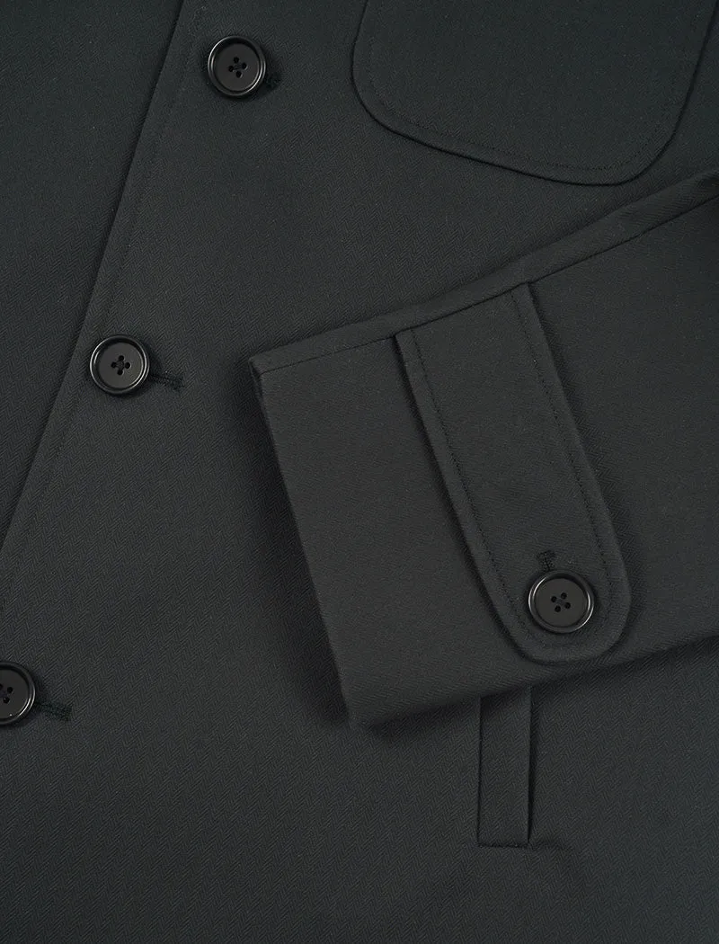 Black Herringbone Waxed Cotton Overcoat