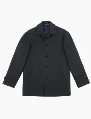 Black Herringbone Waxed Cotton Overcoat