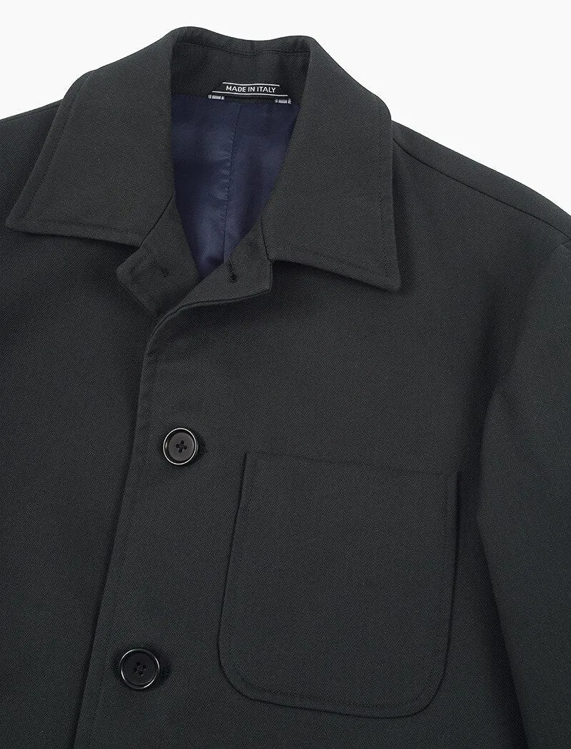 Black Herringbone Waxed Cotton Overcoat