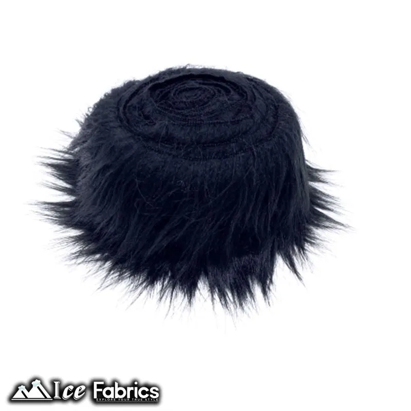 Black Shaggy Mohair Strips Ribbon Faux Fur Fabric Pre Cut Roll