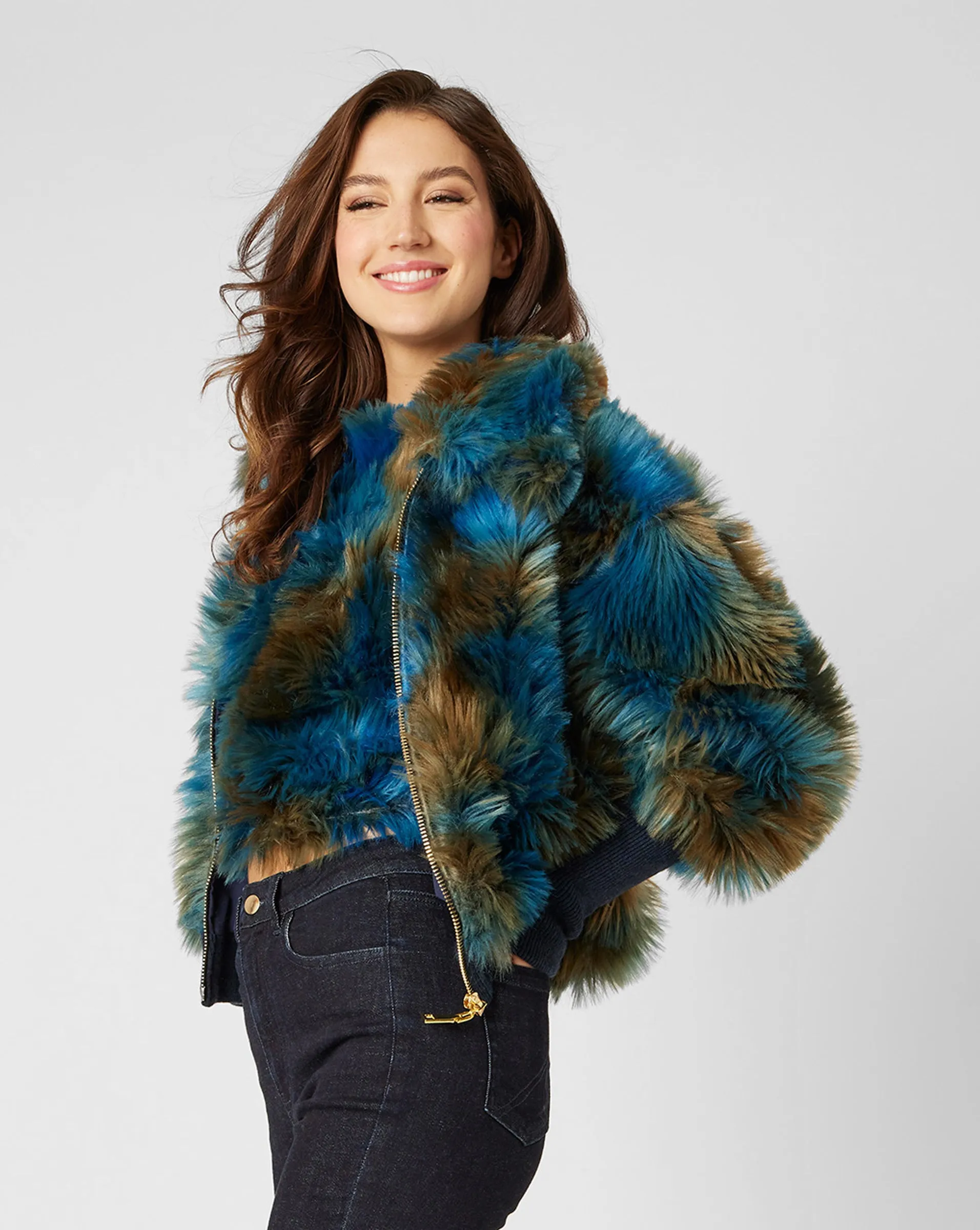 Blue Green Print Faux Fur Bomber Jacket