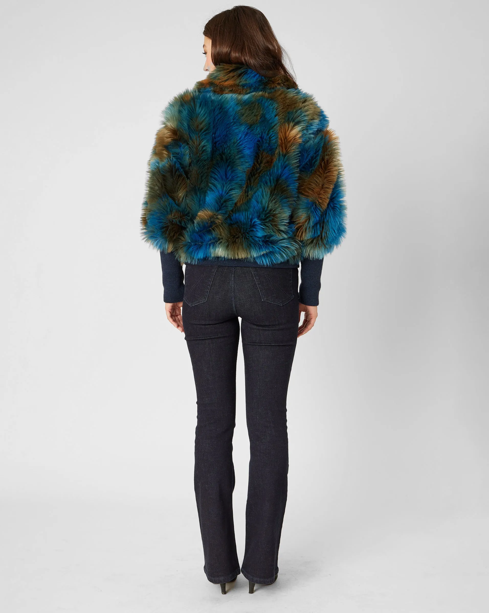 Blue Green Print Faux Fur Bomber Jacket