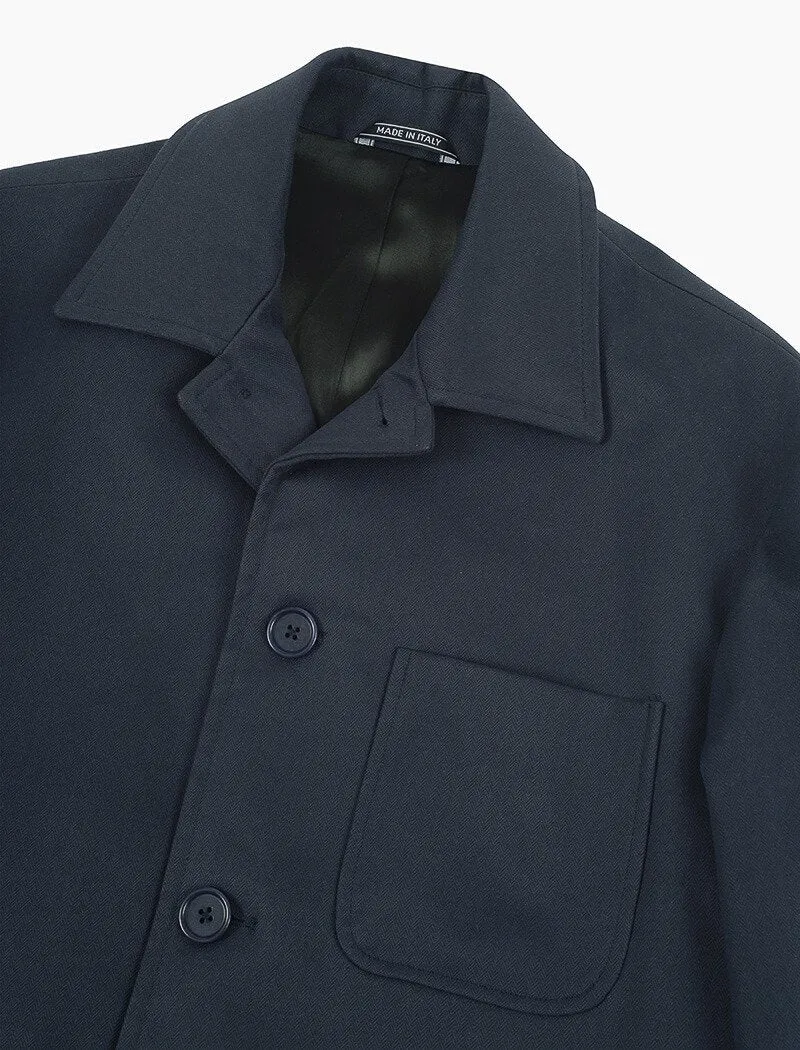 Blue Herringbone Waxed Cotton Overcoat