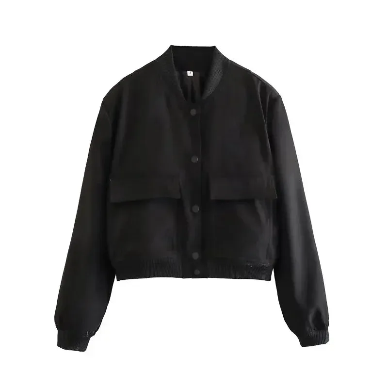 Bomber Jacket Coat Autumn Winter Button Baseball Aviator Cropped Jackets for Women Long Sleeve Cropped Outerwear