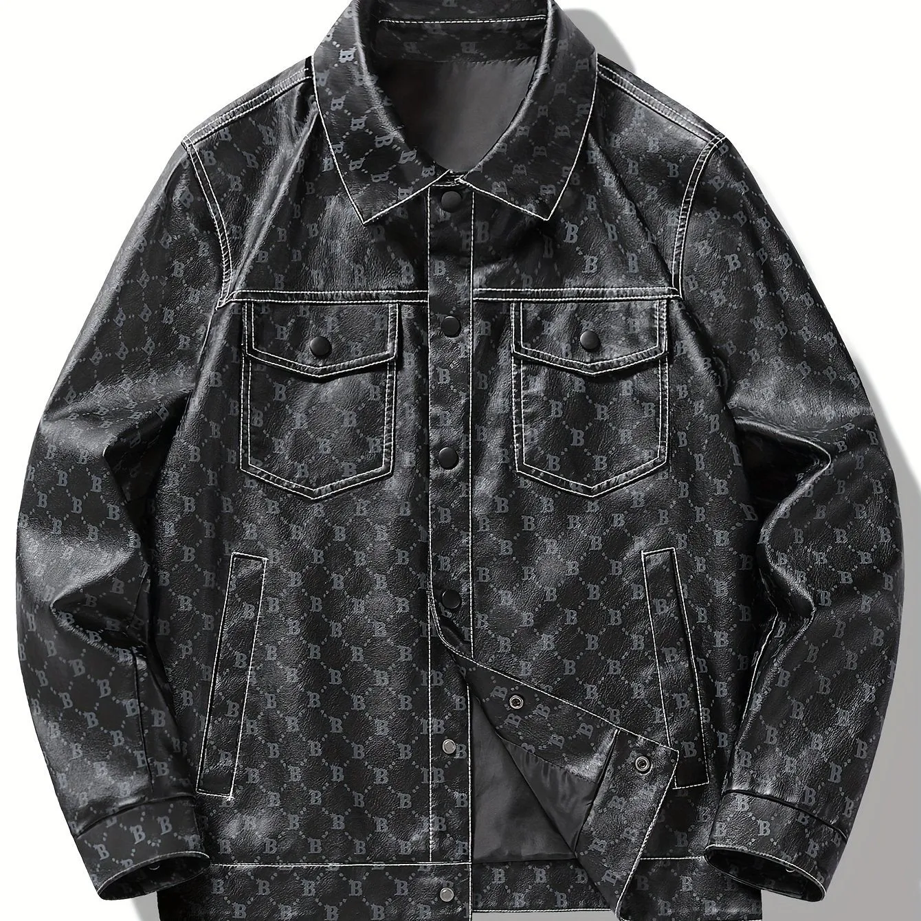 Bram | Chic PU leather summer jacket with letter B print and flap pockets