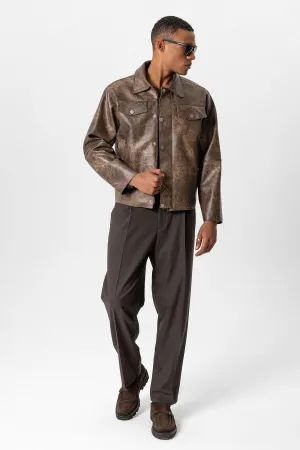 Brown Crop Fit Faux Leather Men's Jacket - Wessi