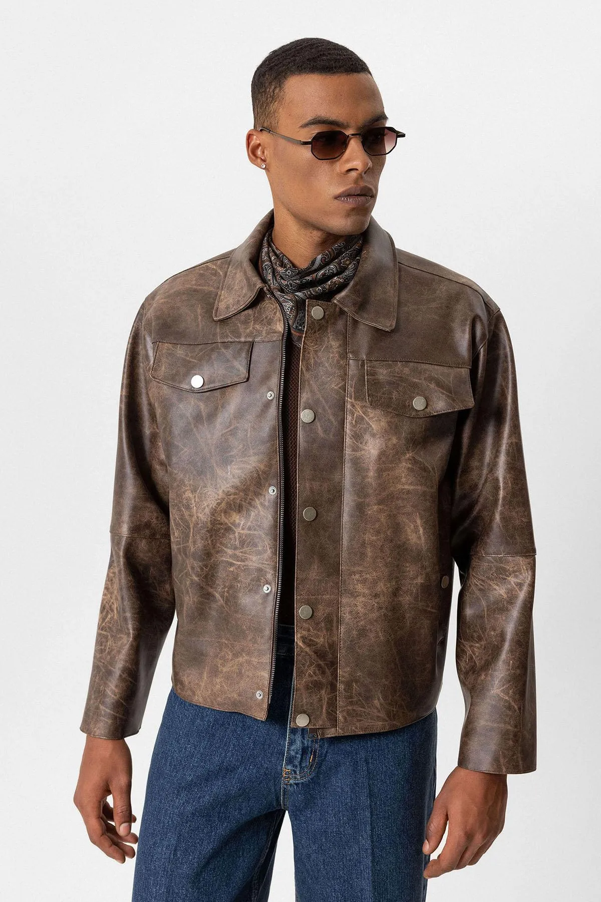 Brown Crop Fit Faux Leather Men's Jacket - Wessi